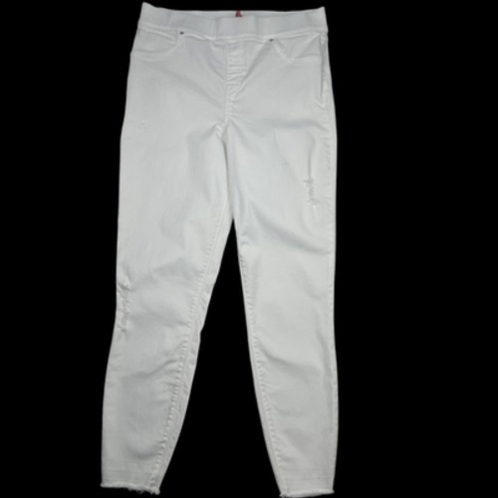 Spanx Jeans Womens L White Distressed Skinny Shaping Pull On Stretch Denim Pants
